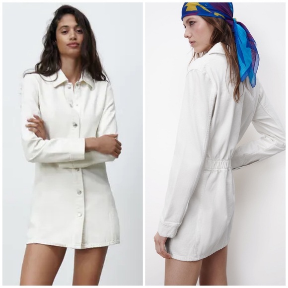 ZARA White Denim Button Down Mini Jacket Shirt Dress - Picture 3 of 15